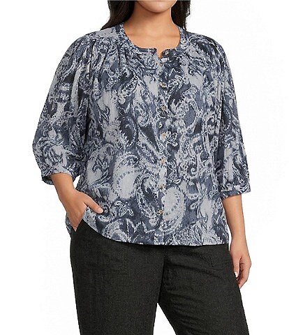 Westbound Plus Size Paisley Swirl V-Neck 3/4 Sleeve Button Front Top