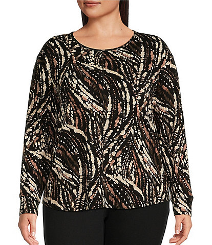 Westbound Plus Size Printed Round Neck Long Sleeve Knit Tee Shirt