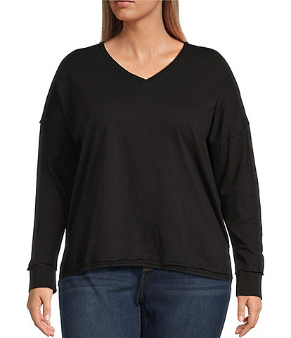 Westbound Plus Size Ribbed Knit V-Neck Long Sleeve Pullover Top