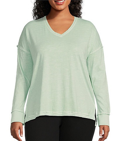 Westbound Plus Size Ribbed Knit V-Neck Long Sleeve Pullover Top