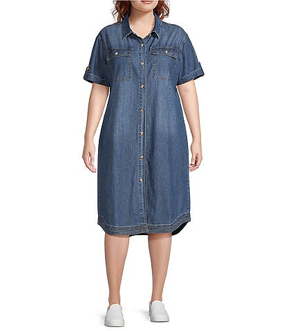 Westbound Plus Size Rolled Sleeve Shirt Midi Dress