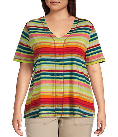 Westbound Plus Size Shimmering Stripe Short Short V-Neck Top