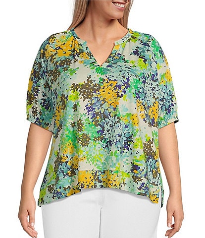 Westbound Plus Size Short Puff Sleeve V-Neck Bloom Top