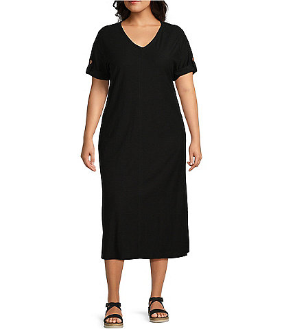 Westbound Plus Size Short Roll-Tab Sleeve V-Neck Midi Dress