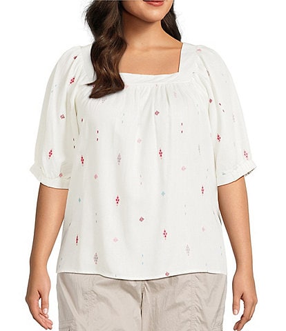 Westbound Plus Size Emroidered Short Sleeve Square Neck Top