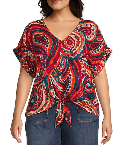 Westbound Plus Size Short Sleeve V-Neck Tie Front Top