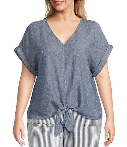 Westbound Plus Size Linen Blend Short Sleeve V-Neck Tie Front Top