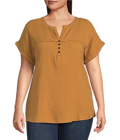 Westbound Plus Size Short Sleeve Woven Henley Top