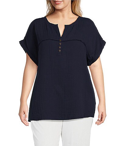 Westbound Plus Size Short Sleeve Woven Henley Top