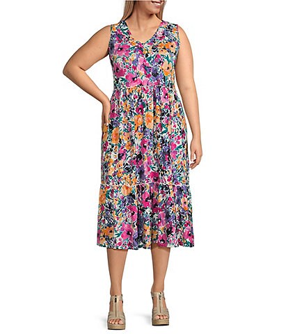 Westbound Plus Size Sleeveless V-Neck Blurred Bouquet Print Tiered A-Line Dress