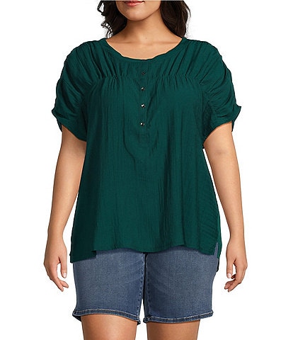 Westbound Plus Size Sleeveless Y-Neck Ruched Curved High-Low Hem Henley Top