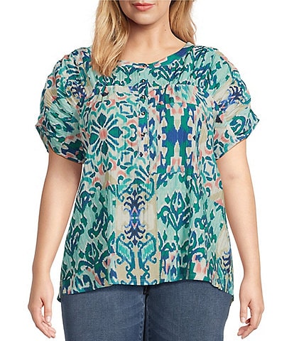 Westbound Plus Size Ikat Sleeveless Y-Neck Ruched Henley Top