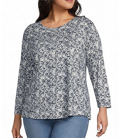 Westbound Plus Size Textured Geo 3/4 Sleeve Knit Crew Neck Top