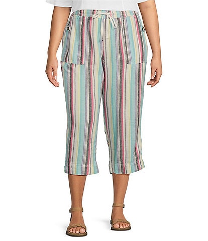 Westbound Plus Size The ISLAND Bright Striped Crop Pull-On Mid Rise Wide Leg Drawstring Waist Pant