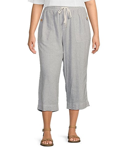 Westbound Plus Size The ISLAND Stripe Crop Pull-On Mid Rise Wide Leg Drawstring Waist Pant