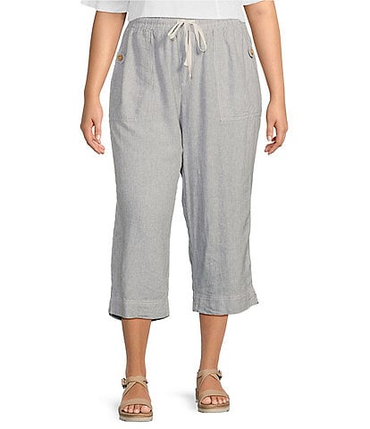 Westbound Plus Size The ISLAND Stripe Crop Pull-On Mid Rise Wide Leg Drawstring Waist Pants