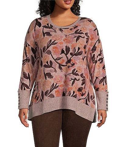 Westbound Plus Size Tonal Floral Toss Long Sleeve Crew Neck Button Cuff Top