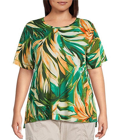Westbound Plus Size Tropical Leaf Short Sleeve Crew Neck Top