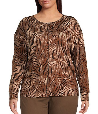Westbound Plus Size Twisted Tiger Print Round Neck Long Sleeve Knit Tee Shirt