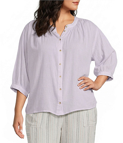 Westbound Plus Size V-Neck 3/4 Sleeve Button Front Top