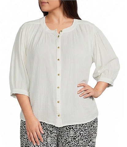 Westbound Plus Size V-Neck 3/4 Sleeve Button Front Top