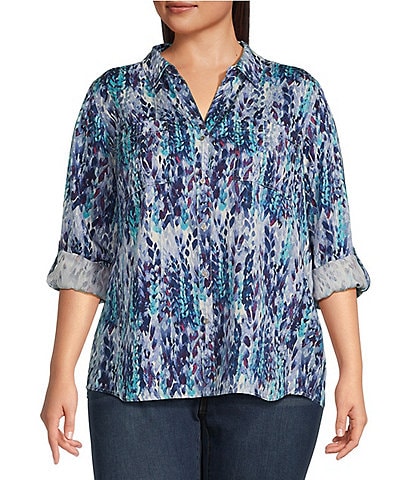 Westbound Plus Size Viney Petals Woven Point Collar Roll Tab Sleeve V-Neck Button Front Top