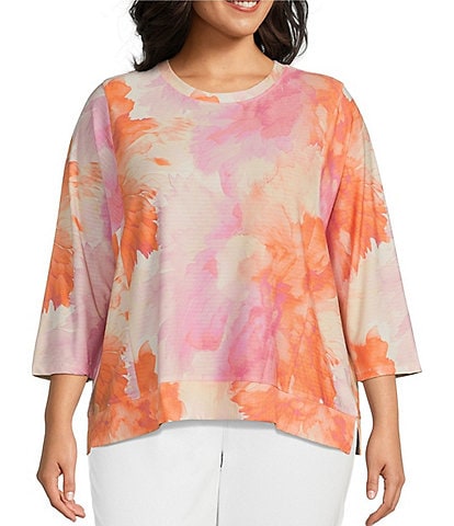 Westbound Plus Size Watercolor Dahlia Knit 3/4 Sleeve Crew Neck Ribbed Detail Print Top