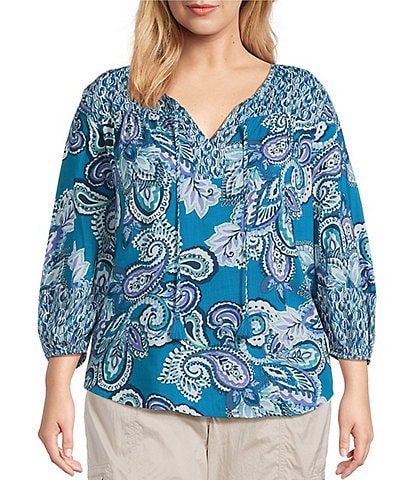 Westbound Plus Size Woven Celestial Spiced Mix Paisley Elbow V-Neck Tie Top