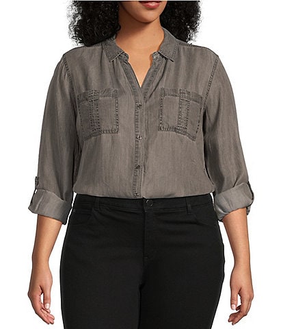 Westbound Plus Size Woven Chambray Long Roll-Tab Sleeve Point Collar Y-Neck Button Front Shirt