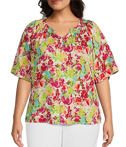 Westbound Plus Size Woven Floral Short Sleeve Y-Neck Button Front Top