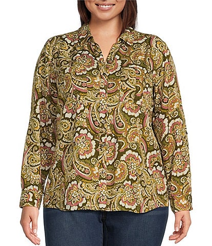 Westbound Plus Size Woven Long Roll-Tab Sleeve Point Collar Y-Neck Button Front Shirt