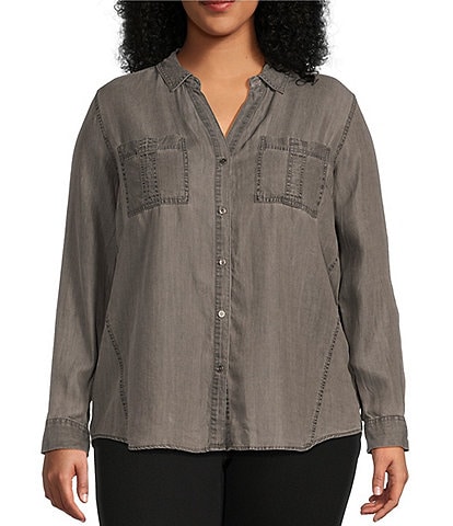 Westbound Plus Size Woven Long Roll-Tab Sleeve Point Collar Y-Neck Button Front Shirt