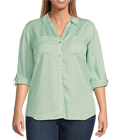 Westbound Plus Size Woven Long Roll-Tab Sleeve Point Collar Y-Neck Button Front Shirt