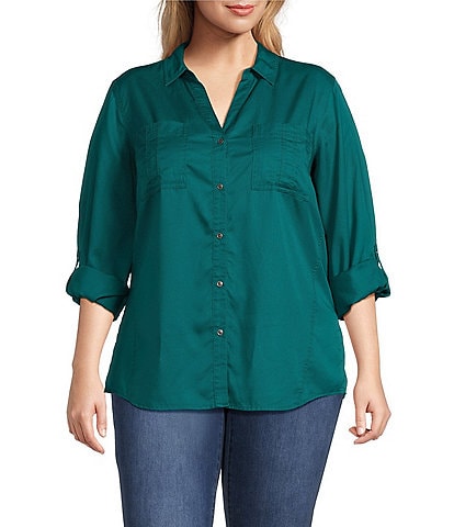 Westbound Plus Size Woven Long Roll-Tab Sleeve Point Collar Y-Neck Button Front Shirt