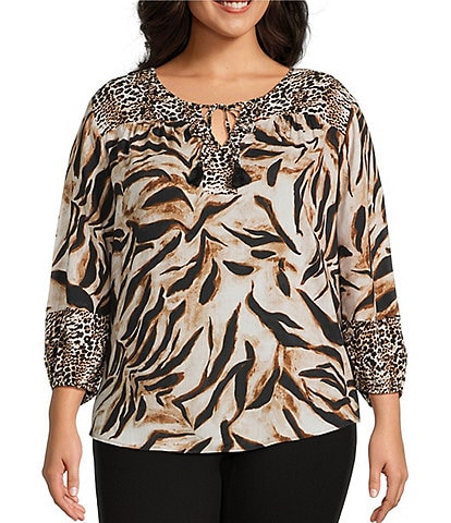Westbound Plus Size Woven Mocha Sandy Leopard Long Sleeve V-Neck Tie Blouse