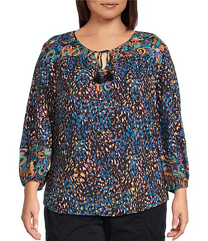 Westbound Plus Size Woven Multi Fanned Flourish Long Sleeve V-Neck Tie Blouse