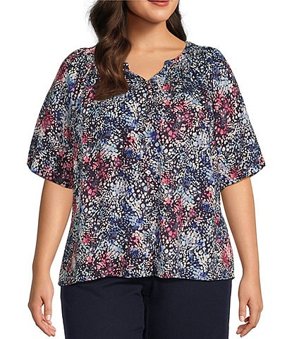 Westbound Plus Size Woven Short Sleeve Y-Neck Button Front Top