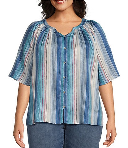 Westbound Plus Size Woven Short Sleeve Y-Neck Flutter Button Front Top