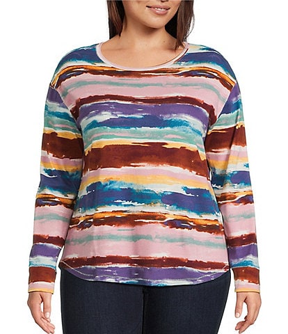 Westbound Plus Size Zephyr Vintage Stripe Long Sleeve Crew Neck Pullover