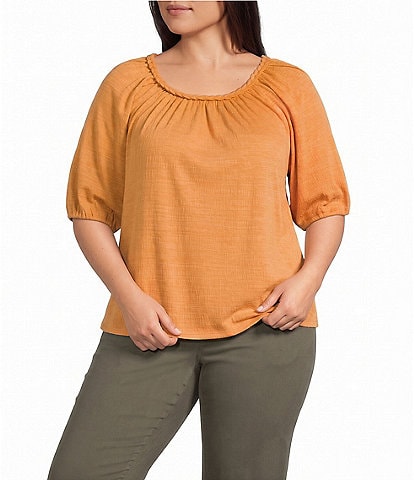 Westbound Plus Solid Braided Elbow Sleeve Crew Neck Knit Top