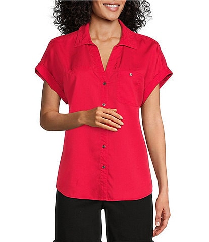 Westbound Point Collar Neck Short Sleeve Woven Blouse