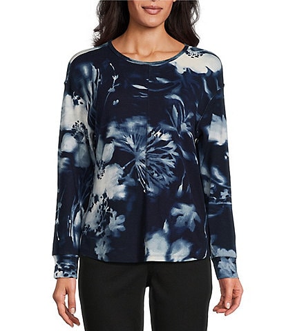 Westbound Pressed Dandelion Print Round Neck Long Sleeve Knit Tee Shirt