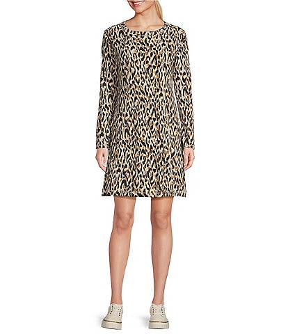 Westbound Printed Long Sleeve Crew Neck Ribbed Leopard Print Dress