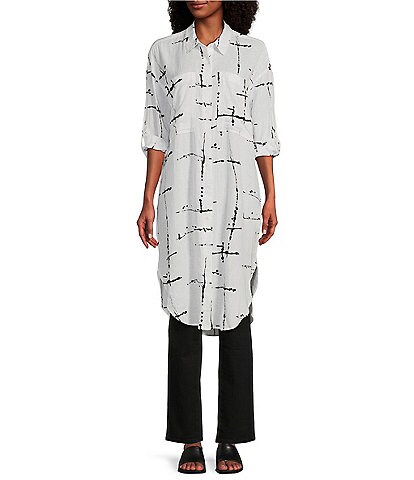 Westbound Printed Point Collar 3/4 Sleeve Button Front Woven Tunic