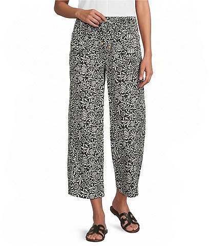 Westbound Scroll Linen Blend Pull-On Flat Front Crop Pants