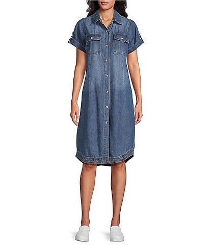 Westbound Short Rolled Sleeve Button Front Point Collar Shirt Dress