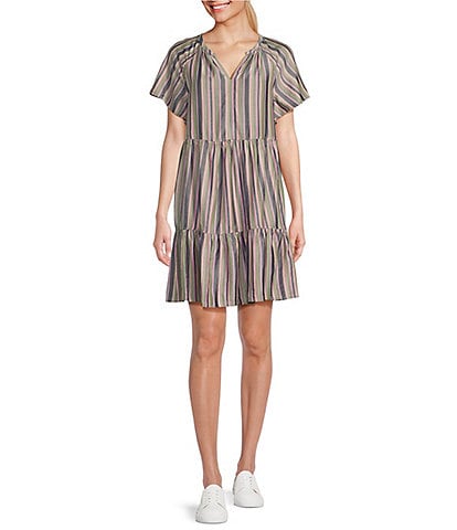 Westbound Short Sleeve V-Neck Chalkboard Stripe Print Tiered A-Line Dress