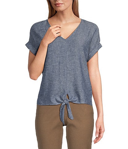 Westbound Short Linen Blend Sleeve V-Neck Tie Front Top