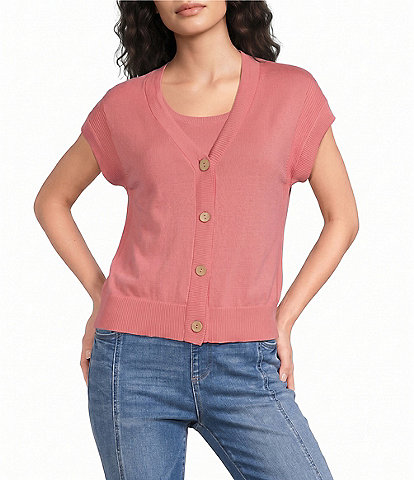 Westbound Short Sleeve Y-Neck Button Front Cardigan
