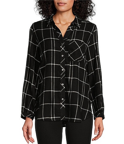 Westbound Simple Plaid Print Long Sleeve Y-Neck Button Front Collared Top